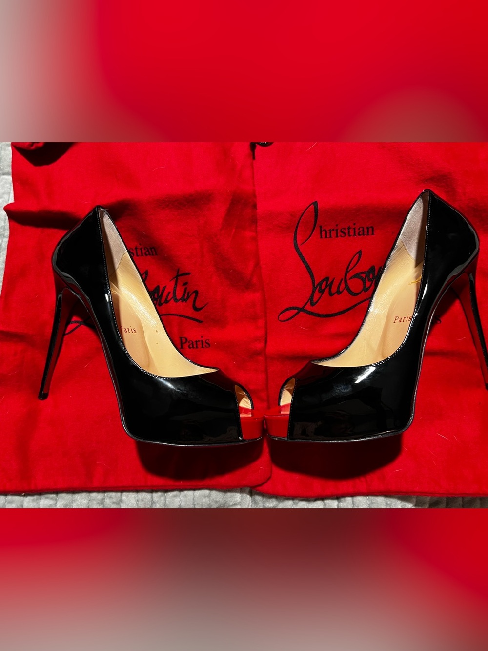 Christian Louboutin Black Patent Peep-Toe Pumps with Red Platform